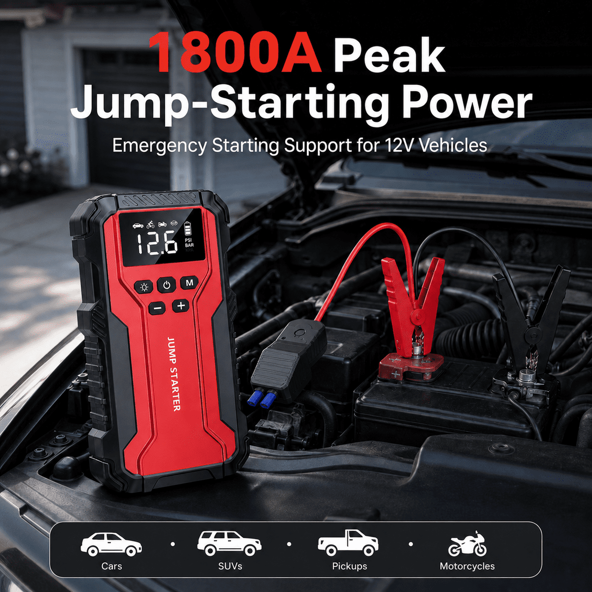 Icreopro Portable Car Battery Jump Starter with Air Compressor, 1800A Peak, 150 PSI Auto-Stop Tire Inflator, USB Power Bank, Red and Black