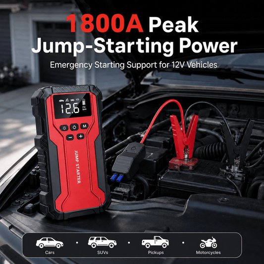 Icreopro Portable Car Battery Jump Starter with Air Compressor, 1800A Peak, 150 PSI Auto-Stop Tire Inflator, USB Power Bank, Red and Black