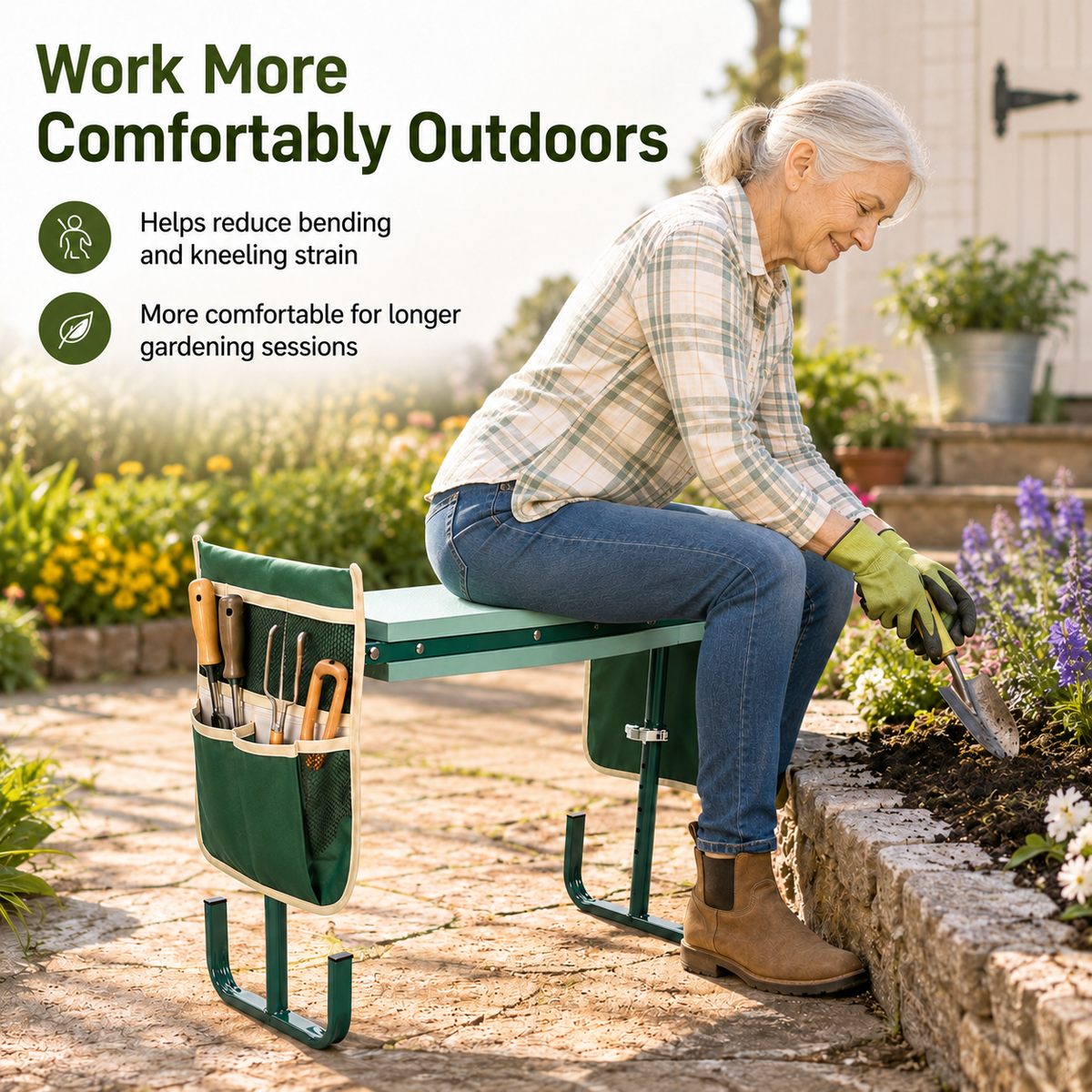 Icreopro Folding Garden Kneeler, Portable Outdoor Garden Work Stool, Kneeling Pad & Cushion Seat, Green