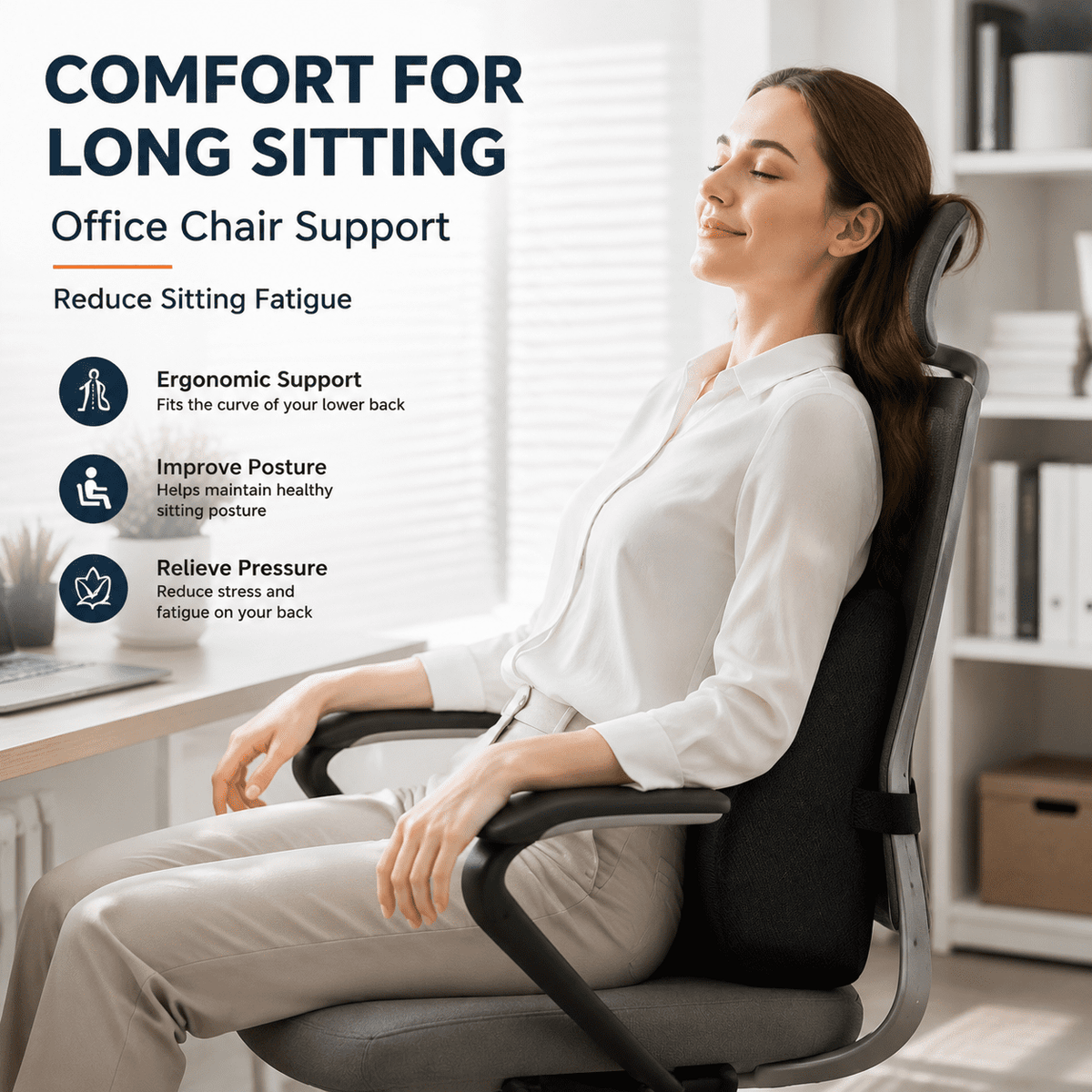 Icreopro Ergonomic Lumbar Support Pillow for Office Chairs, Car Seats and Home Seating, Memory Foam Back Cushion with Breathable 3D Mesh Cover, Black