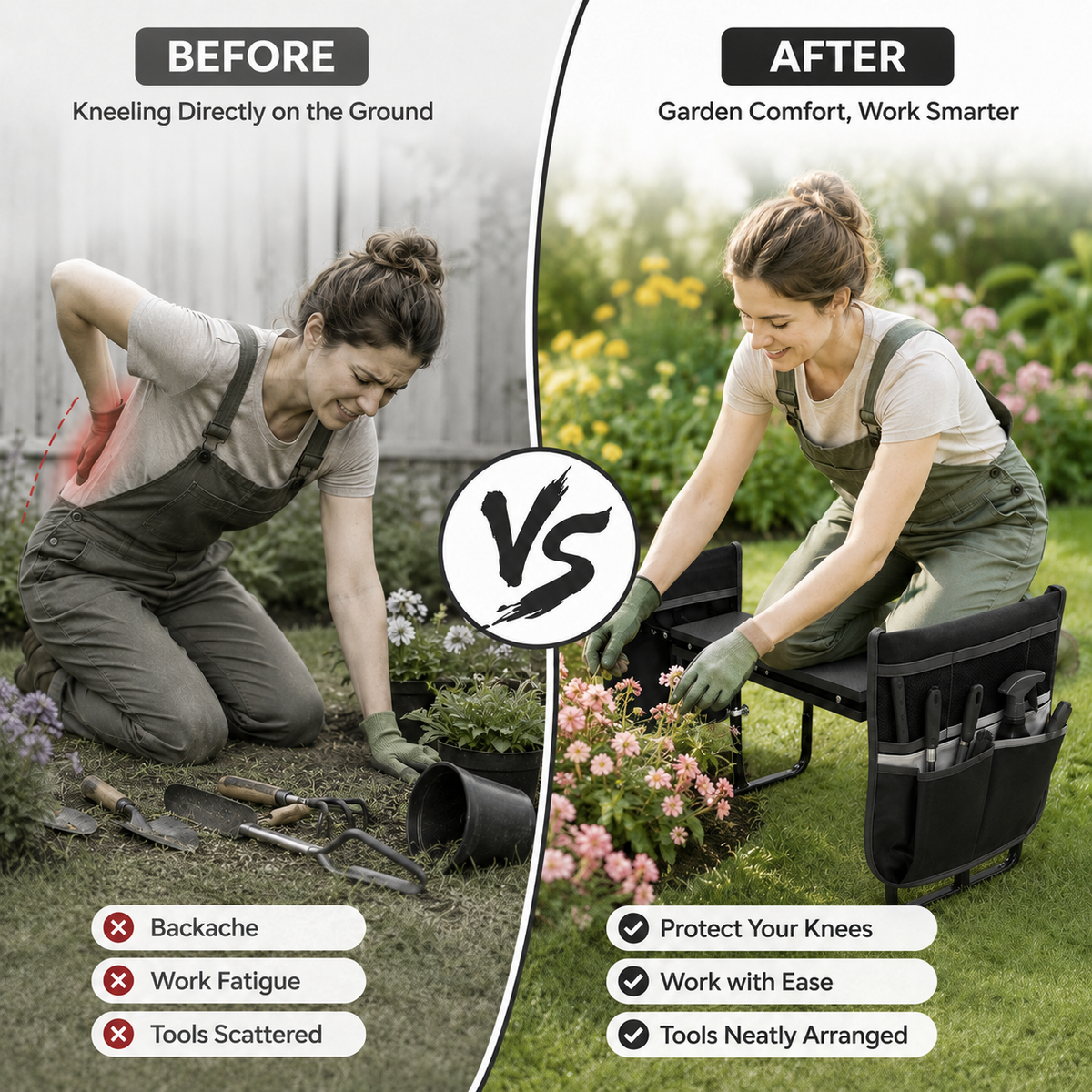 Icreopro Folding Garden Kneeler, Portable Outdoor Garden Work Stool, Kneeling Pad & Cushion Seat, Black