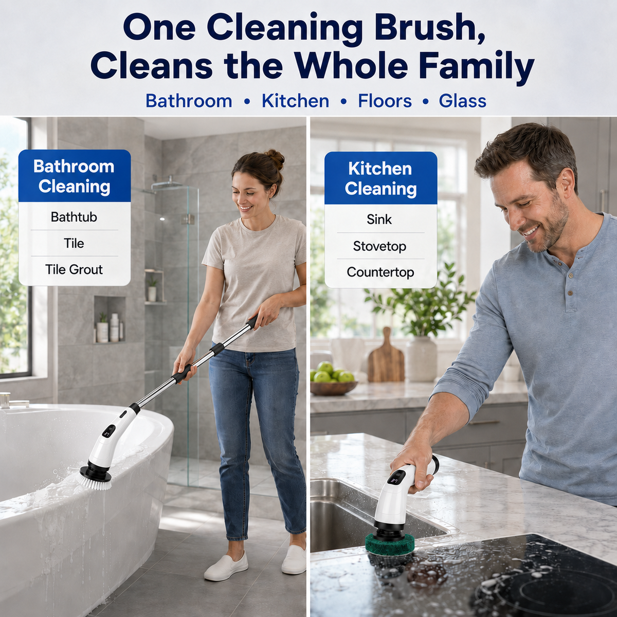 Icreopro Electric Spin Scrubber, Cordless Bathroom Cleaner with 8 Replaceable Brush Heads, Modular Extension Handle and Dual Speed Control for Shower Tile, Grout, Kitchen and Floor