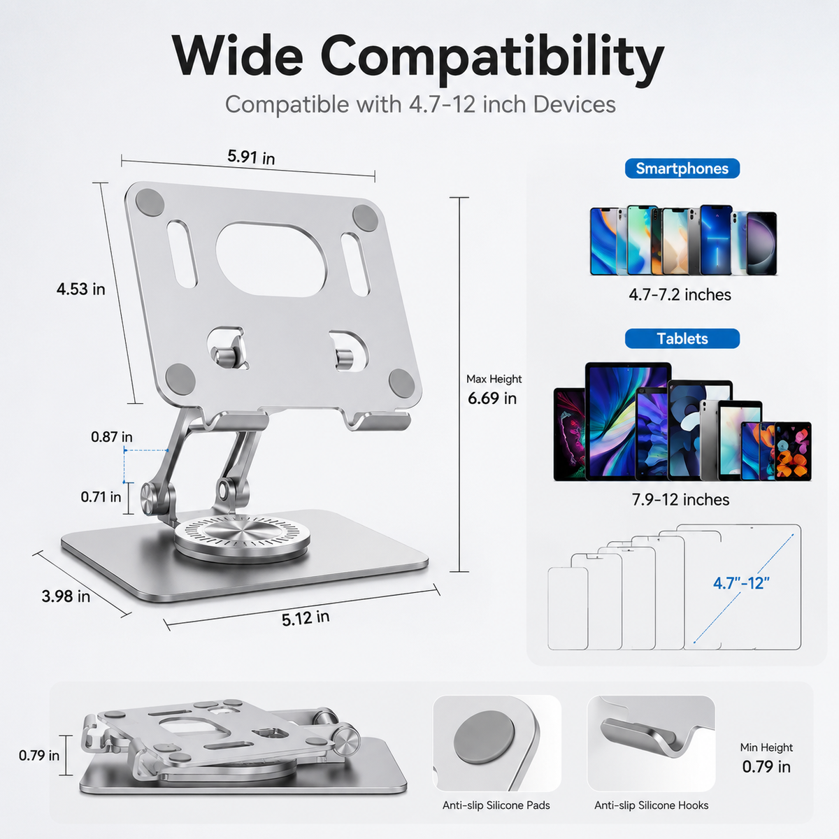 Icreopro Adjustable Tablet Stand, Aluminum Desk Holder with 360 Degree Swivel Base for Tablets, Color May Vary