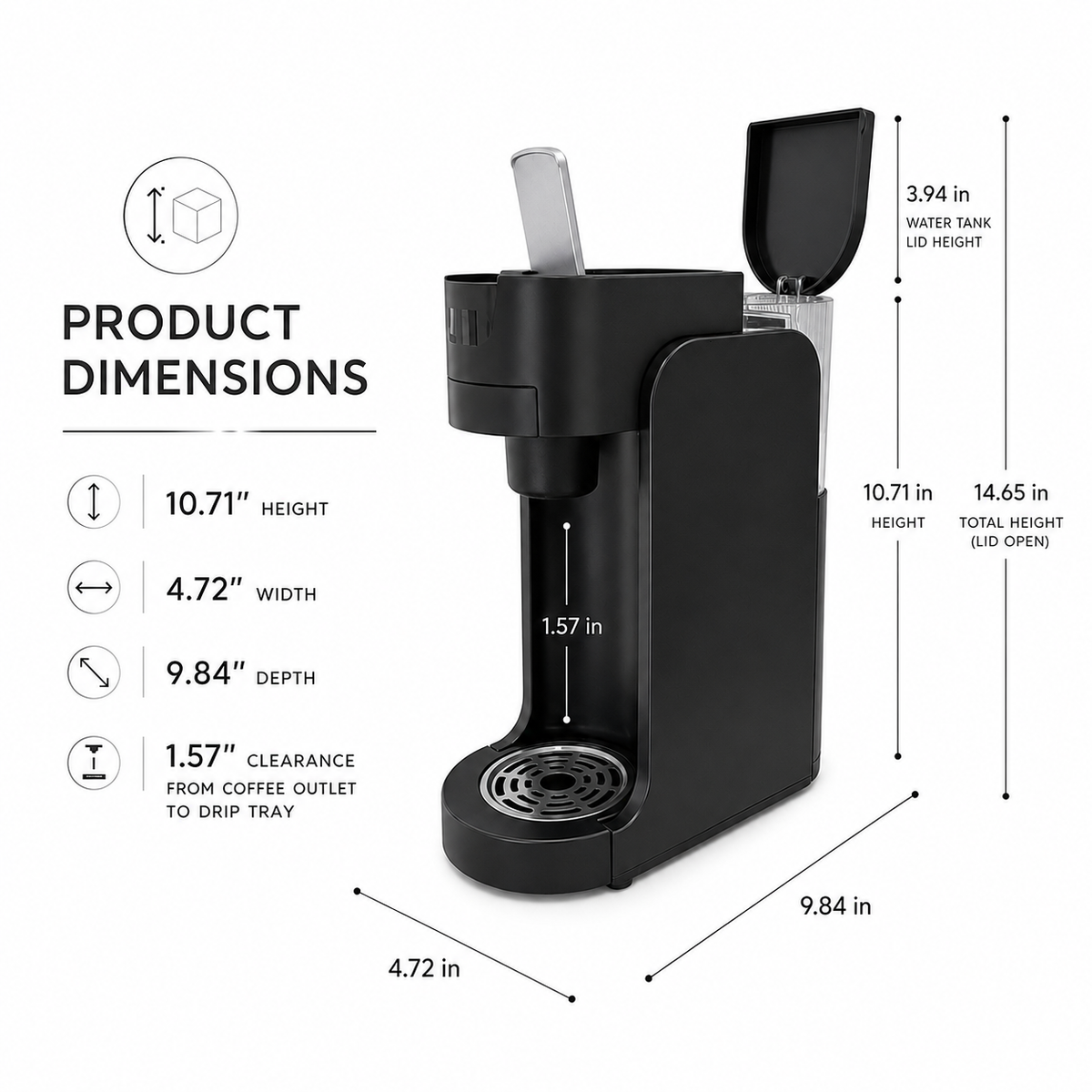 Icreopro Single Serve Coffee Maker, 2-in-1 Pod and Ground Coffee Brewer with Reusable Filter, 14 oz Water Reservoir, Fast Heat-Up, Black