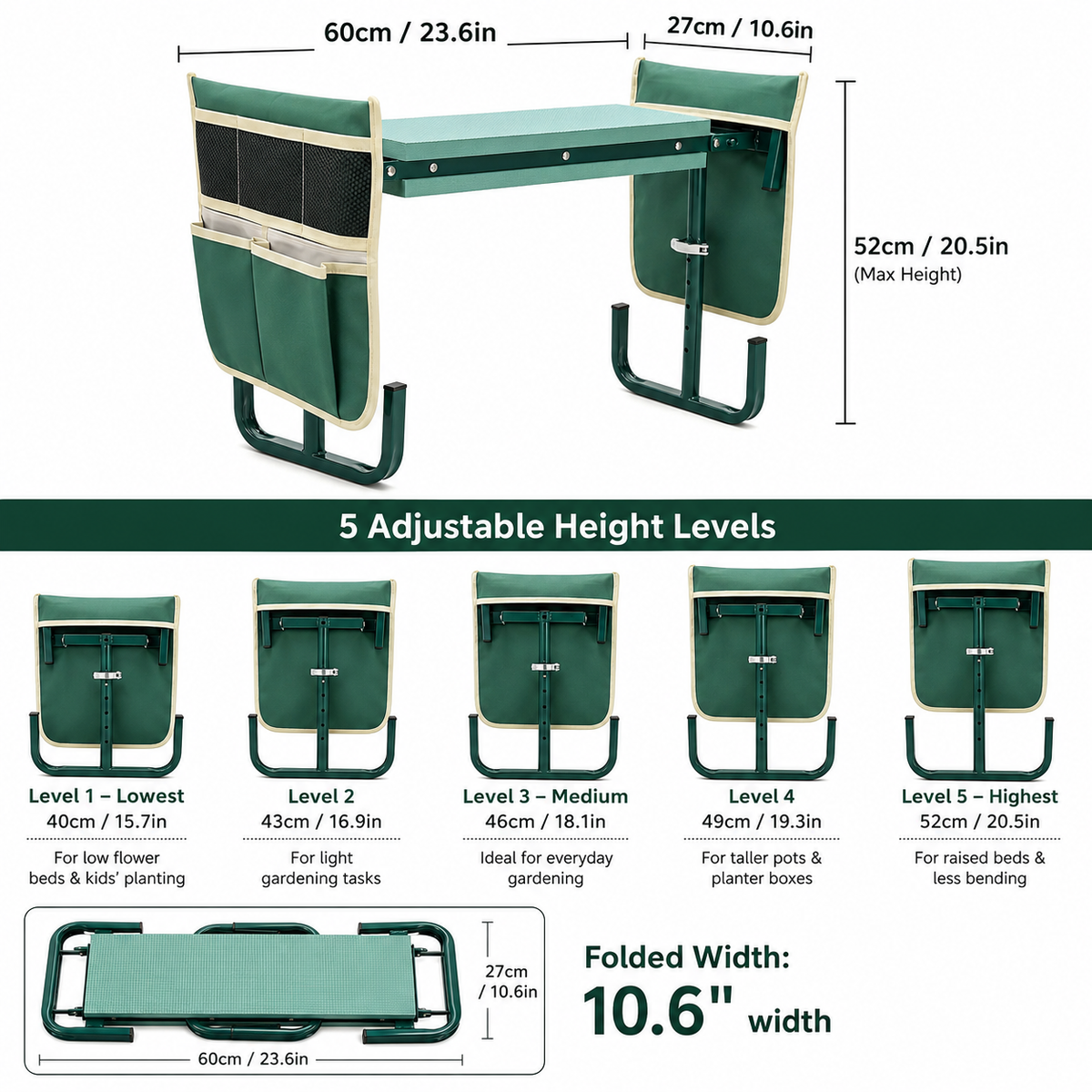 Icreopro Folding Garden Kneeler, Portable Outdoor Garden Work Stool, Kneeling Pad & Cushion Seat, Green