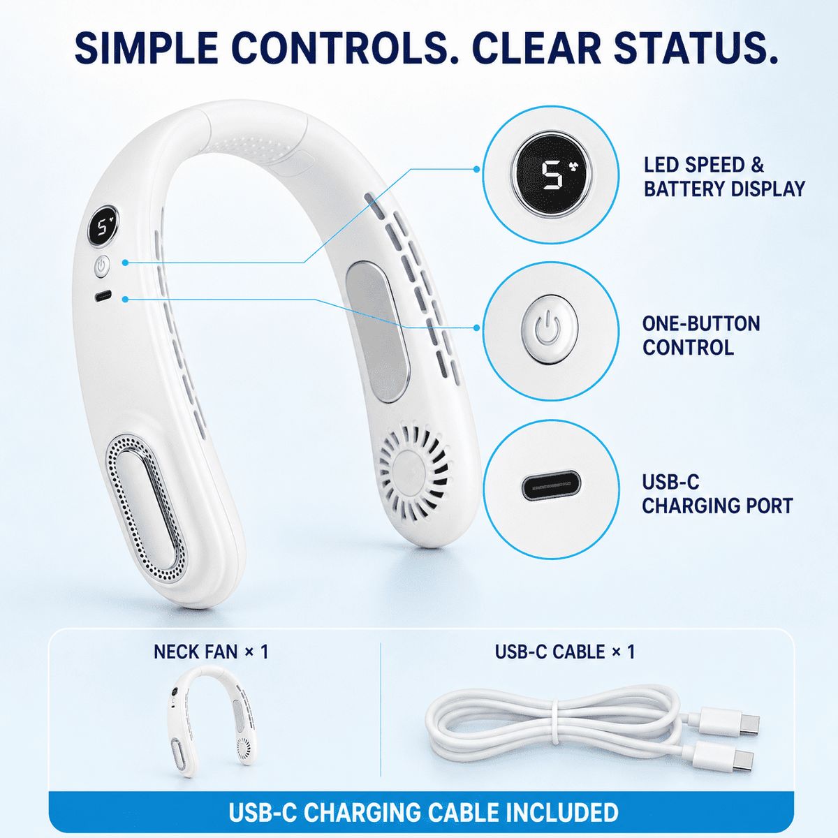 Icreopro White Portable Neck Fan with Dual Peltier Cooling Plates and 5 Speeds