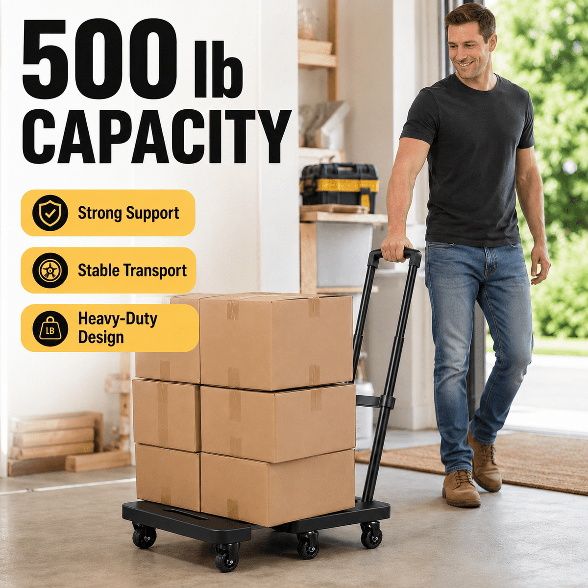 Icreopro Folding Hand Truck, 500 lbs Heavy Duty Dolly Cart, 6 Stair Climbing Wheels, Telescopic Handle, Utility Cart for Moving Shopping Travel, Black