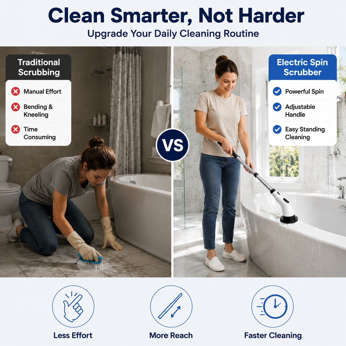 Icreopro Electric Spin Scrubber, Cordless Bathroom Cleaner with 8 Replaceable Brush Heads, Modular Extension Handle and Dual Speed Control for Shower Tile, Grout, Kitchen and Floor