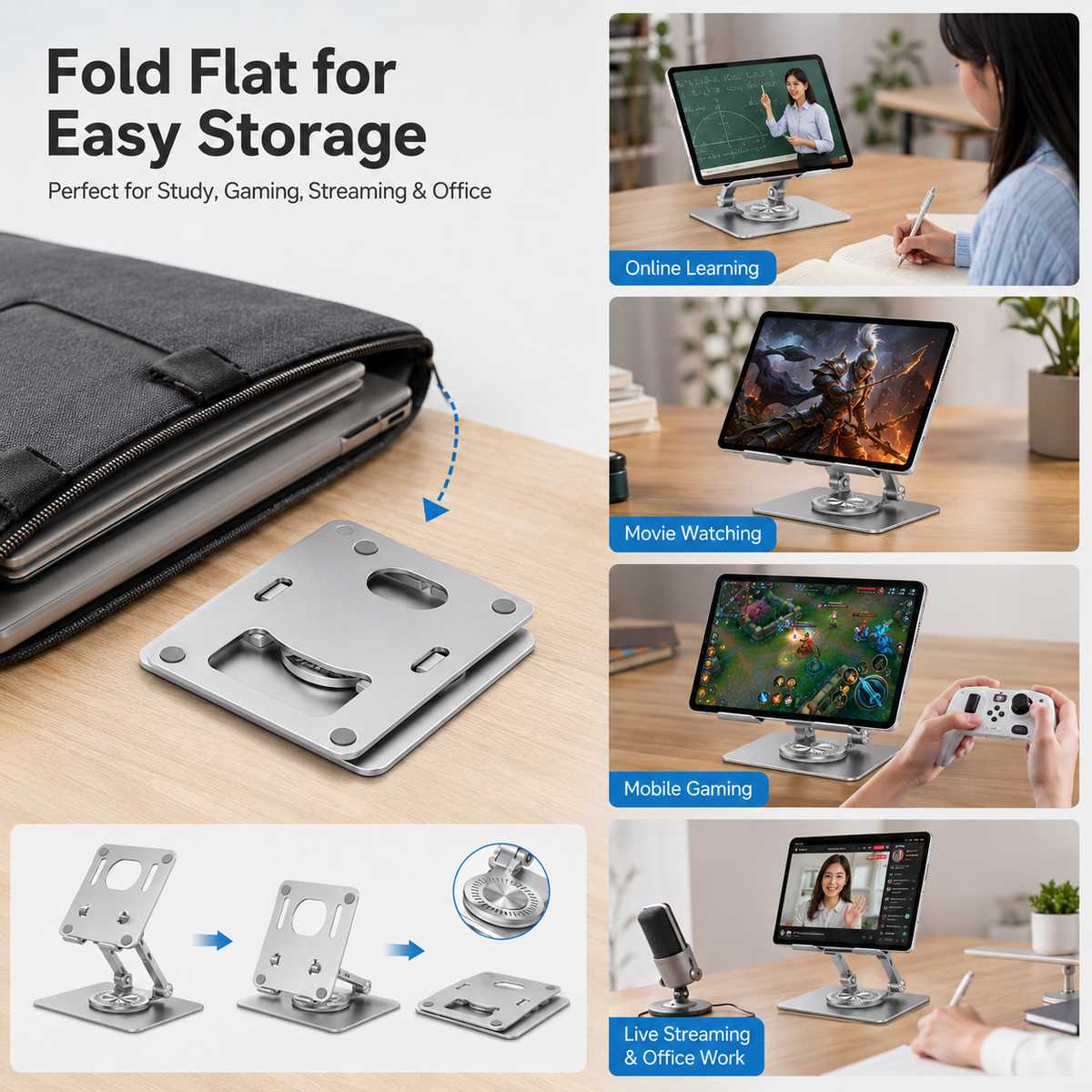 Icreopro Adjustable Tablet Stand for Desk, Aluminum iPad Holder with 360° Swivel Base, Silver