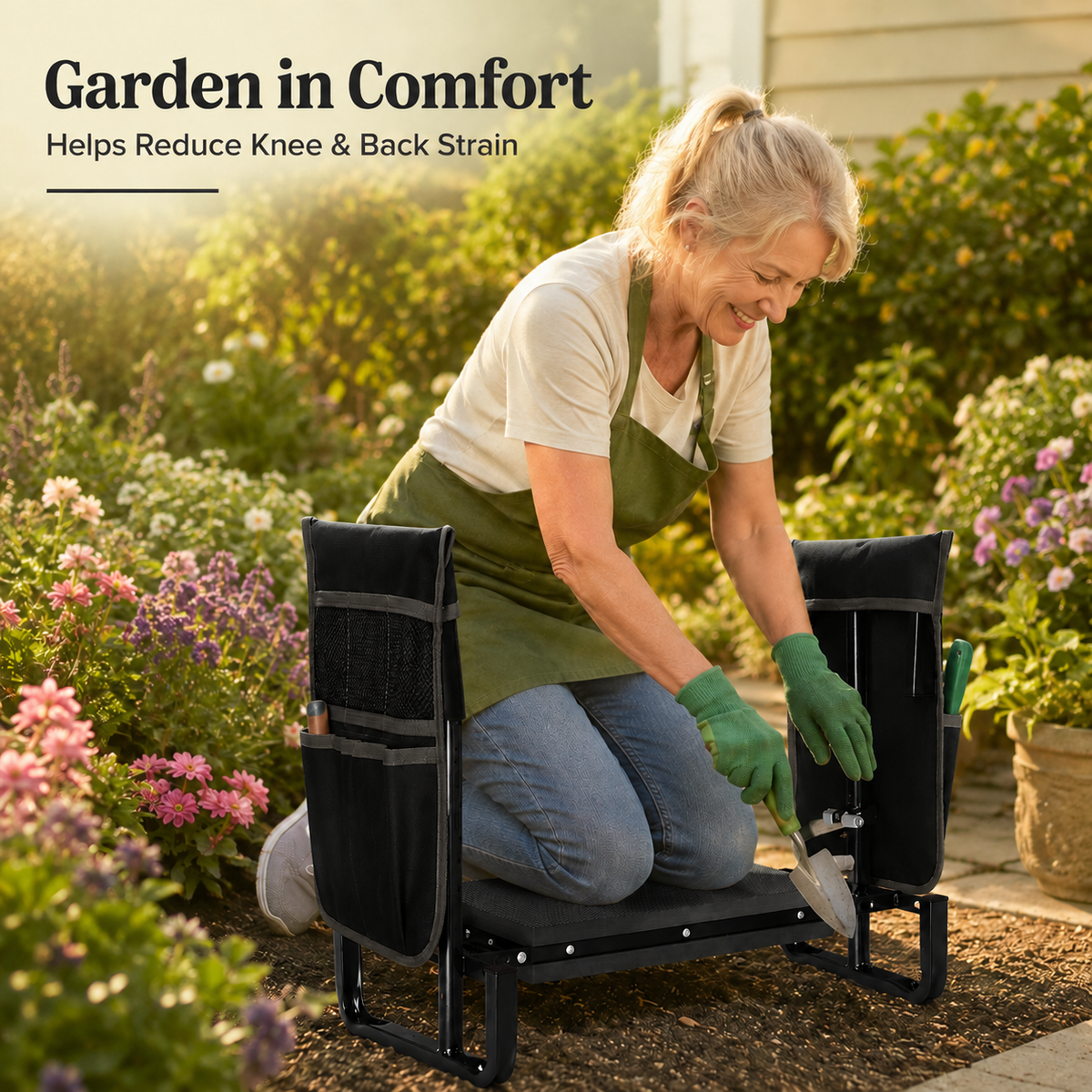 Icreopro Folding Garden Kneeler, Portable Outdoor Garden Work Stool, Kneeling Pad & Cushion Seat, Black