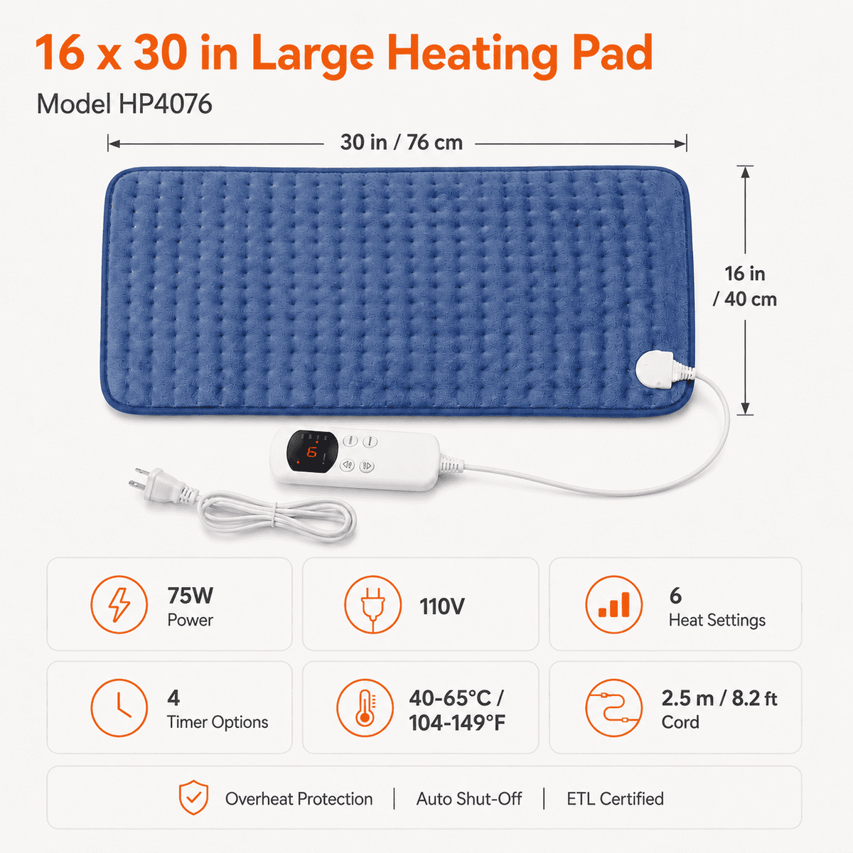 ICREOPRO Heating Pad for Back, Neck and Shoulders, 16 x 30 in Electric Heating Pad with 6 Heat Settings, 4 Timer Settings, Auto Shut-Off, Machine Washable, Moist & Dry Heat, Blue