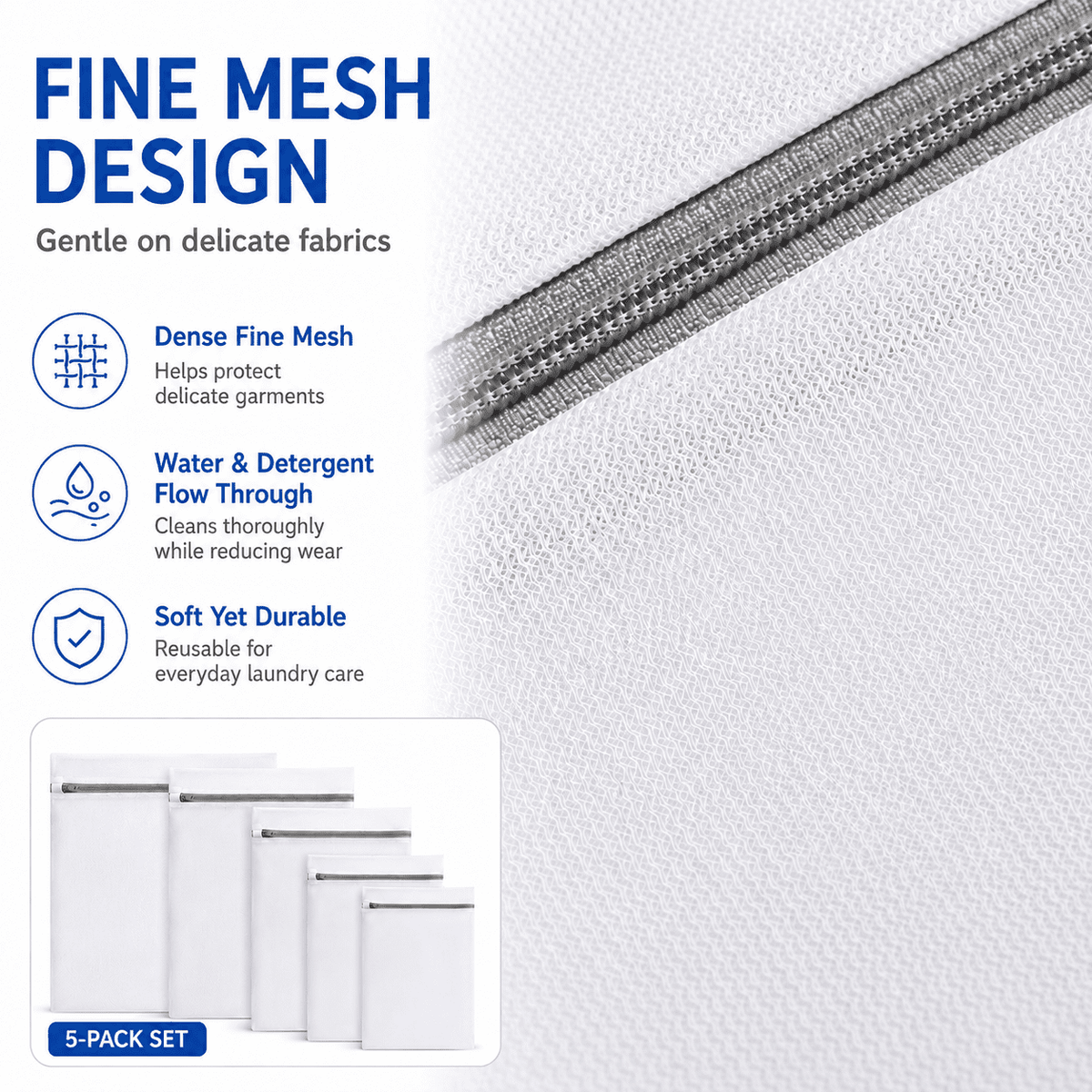 Icreopro 5-Pack Mesh Laundry Bags,Reusable Fine Mesh Washing Bags for Clothes,Lingerie,Underwear