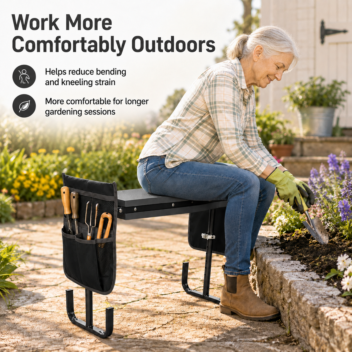 Icreopro Folding Garden Kneeler, Portable Outdoor Garden Work Stool, Kneeling Pad & Cushion Seat, Black