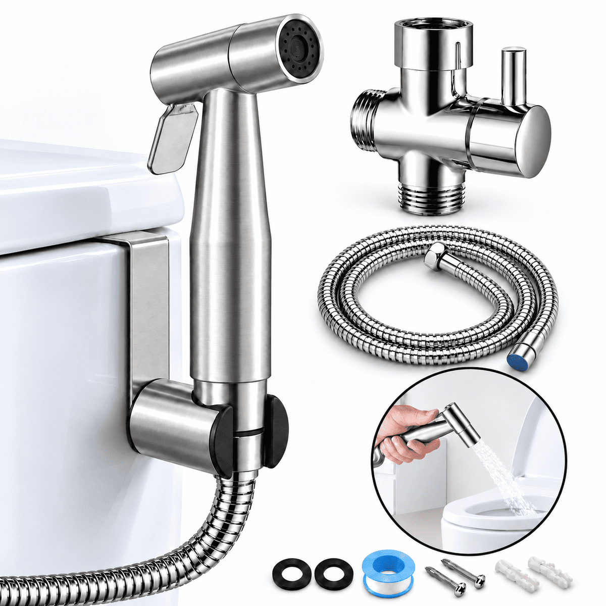 ICREOPRO Handheld Bidet Sprayer for Toilet, 304 Stainless Steel, Adjustable Pressure, 4.92 ft Hose