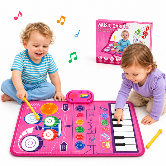 ICREOPRO 3-in-1 Toddler Musical Play Mat, Piano and Electronic Drum Toy with 13 Touch Keys, 6 Instrument Sounds and 2 Drumsticks, Birthday Christmas Gift for Girls and Boys Ages 18 Months-4 Years, Pi