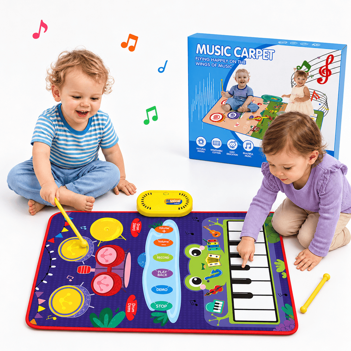 ICREOPRO 3-in-1 Toddler Musical Play Mat, Piano and Electronic Drum Toy with 13 Touch Keys, 6 Instrument Sounds and 2 Drumsticks, Birthday Christmas Gift for Girls and Boys Ages 18 Months-4 Years, Pu