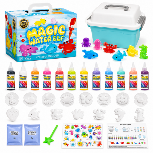 ICREOPRO Magic Gel Water Pets Toy Kit for Kids, 30-Piece Magic Water Elf DIY Craft Set with 12 Color Gels, 12 Reusable Molds and Activity Box, Birthday & Summer Gifts for Kids Ages 3+