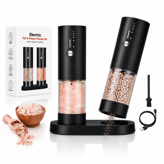 Icreopro Electric Salt and Pepper Mills Set, 2 Pack, Adjustable Coarseness, LED Light, Type-C Rechargeable, Black