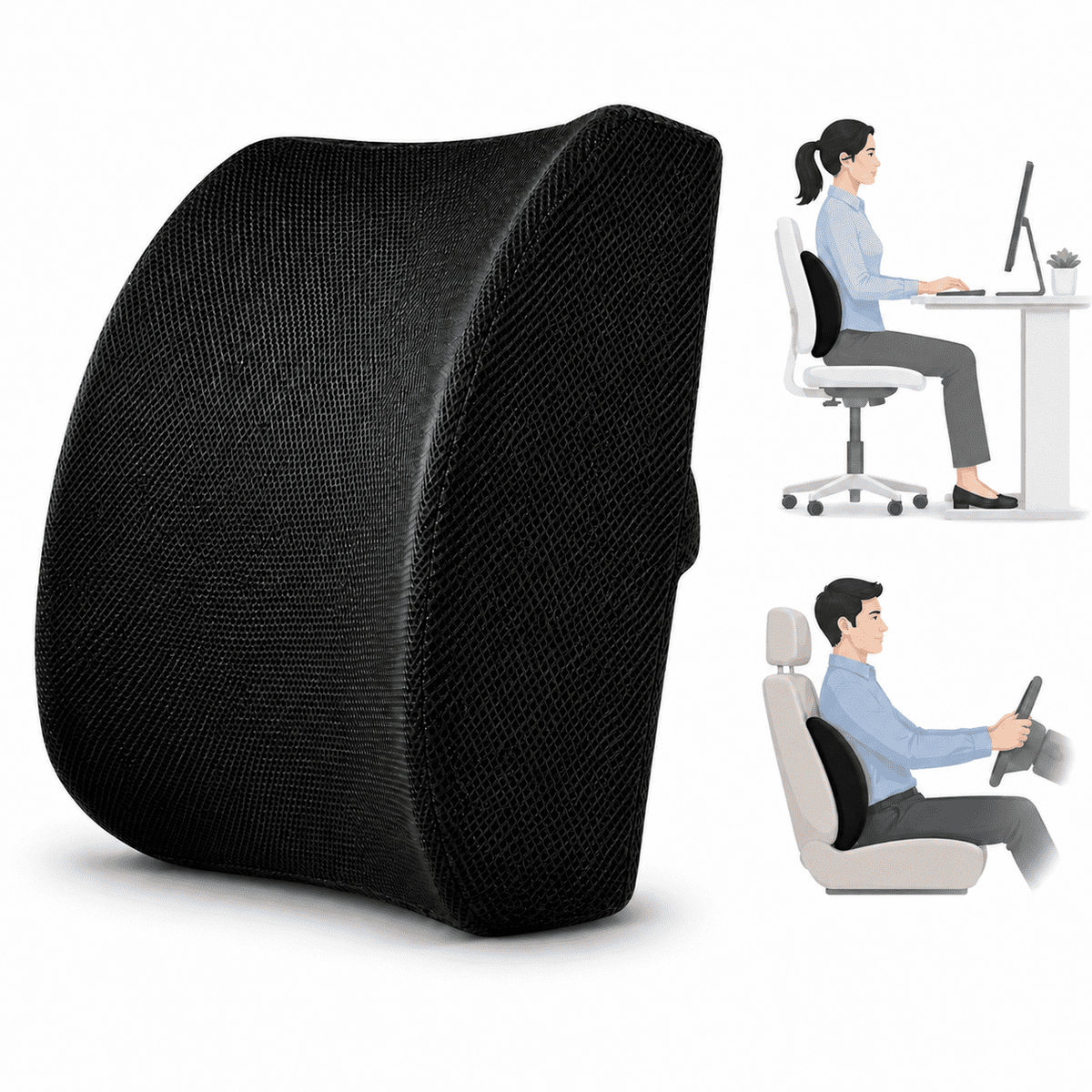 Icreopro Ergonomic Lumbar Support Pillow for Office Chairs, Car Seats and Home Seating, Memory Foam Back Cushion with Breathable 3D Mesh Cover, Black
