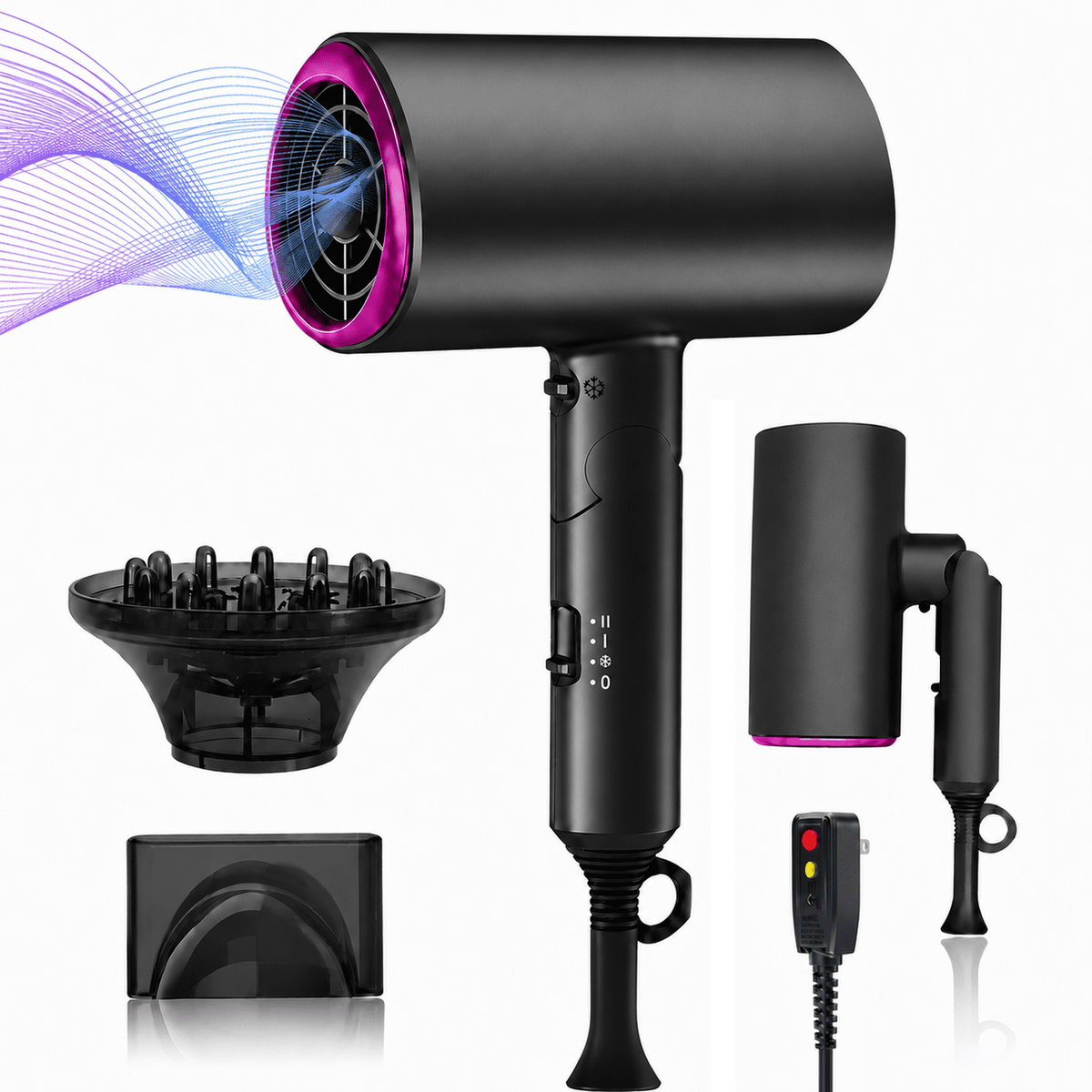 Icreopro Hair Dryer,Ionic Blow Dryer with Foldable Handle, Blue Light Constant Temperature Hair Care, Hot & Cool Settings, 2 Speed Modes, Concentrator & Diffuser Attachments, Black