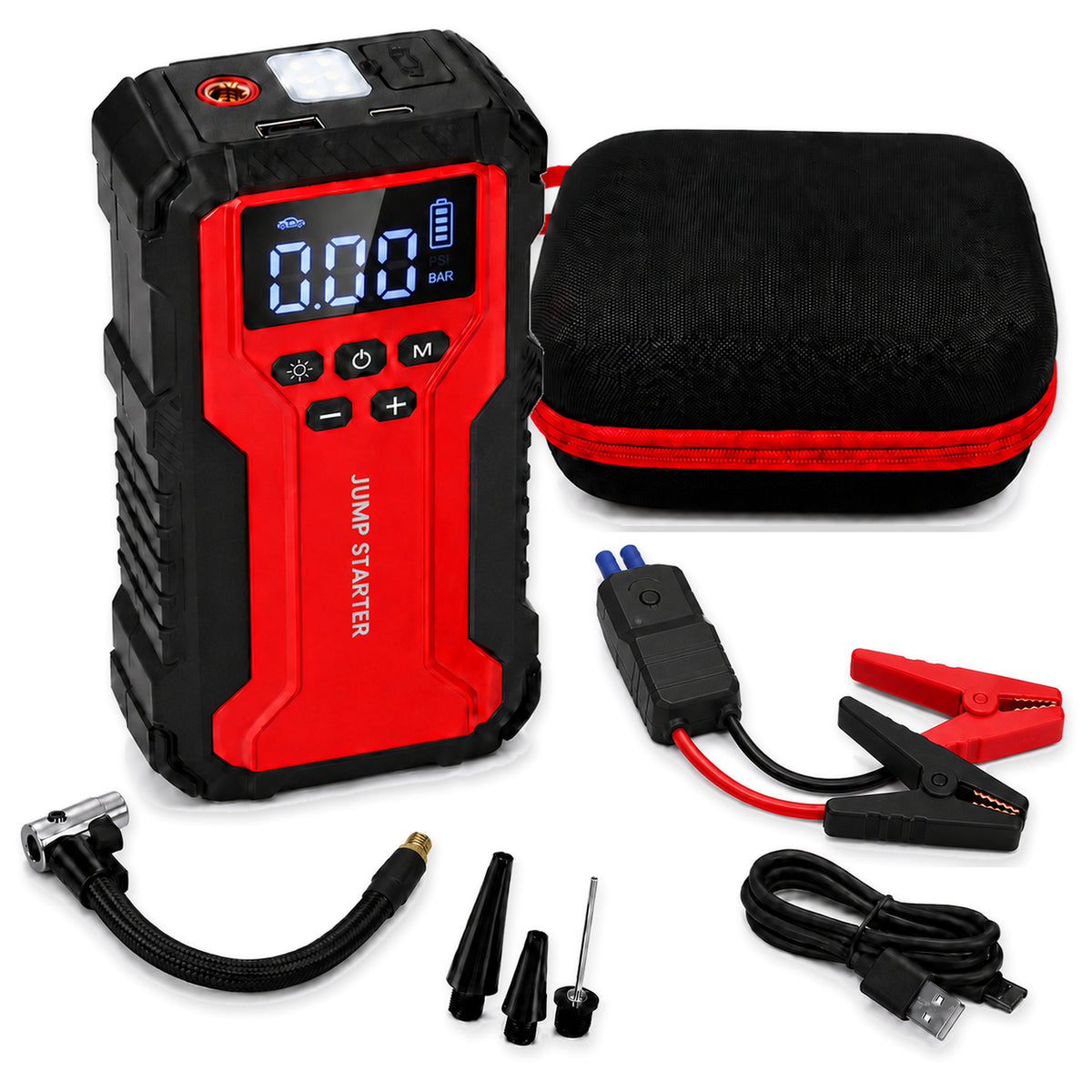 Icreopro Portable Car Battery Jump Starter with Air Compressor, 1800A Peak, 150 PSI Auto-Stop Tire Inflator, USB Power Bank, Red and Black