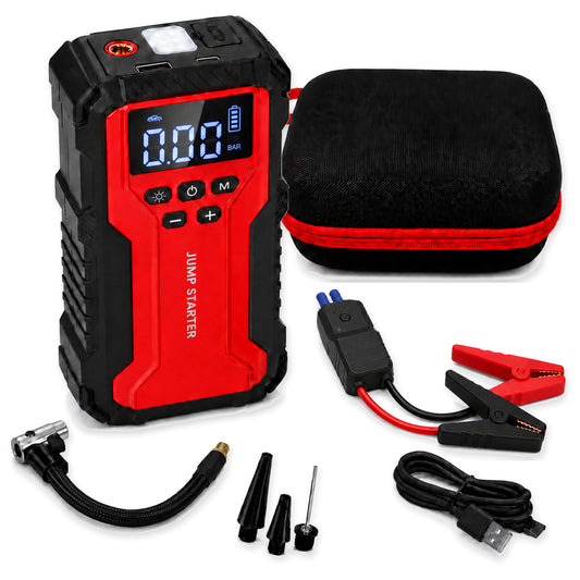 Icreopro Portable Car Battery Jump Starter with Air Compressor, 1800A Peak, 150 PSI Auto-Stop Tire Inflator, USB Power Bank, Red and Black