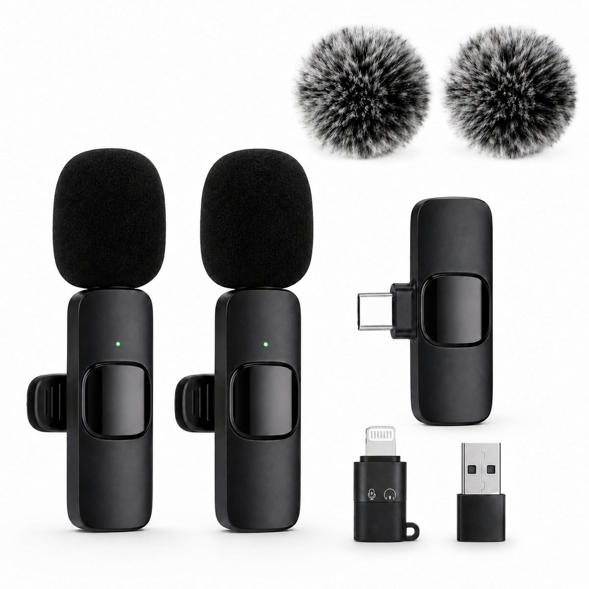 Icreopro Wireless Lavalier Microphone, Dual Clip-on Mic Kit with USB-C Receiver and 2 Adapters, 48kHz/16-Bit, Black