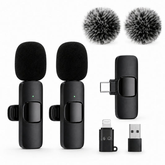 Icreopro Wireless Lavalier Microphone, Dual Clip-on Mic Kit with USB-C Receiver and 2 Adapters, 48kHz/16-Bit, Black