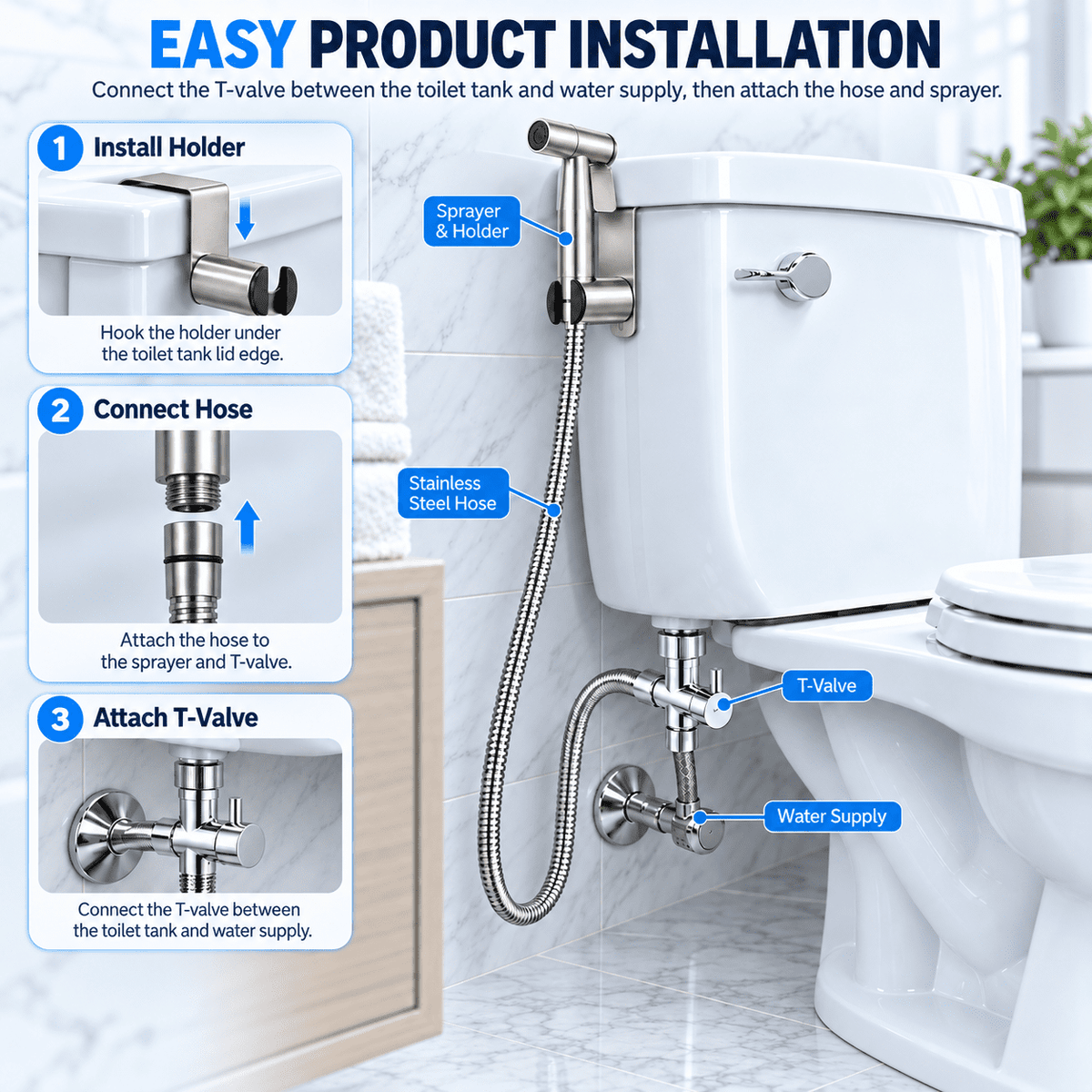 ICREOPRO Handheld Bidet Sprayer for Toilet, 304 Stainless Steel, Adjustable Pressure, 4.92 ft Hose
