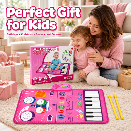 ICREOPRO 3-in-1 Toddler Musical Play Mat, Piano and Electronic Drum Toy with 13 Touch Keys, 6 Instrument Sounds and 2 Drumsticks, Birthday Christmas Gift for Girls and Boys Ages 18 Months-4 Years, Pi