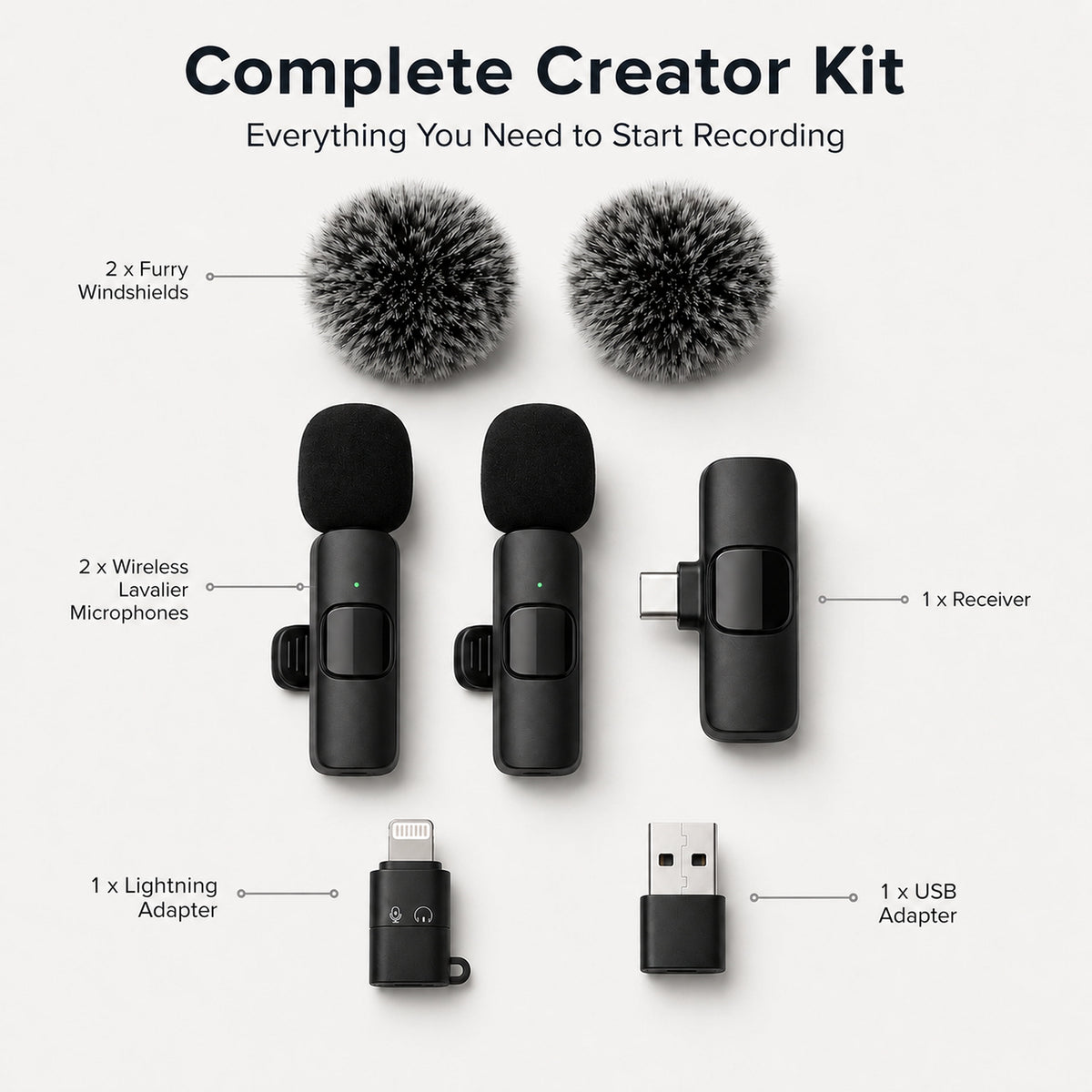 Icreopro Wireless Lavalier Microphone, Dual Clip-on Mic Kit with USB-C Receiver and 2 Adapters, 48kHz/16-Bit, Black