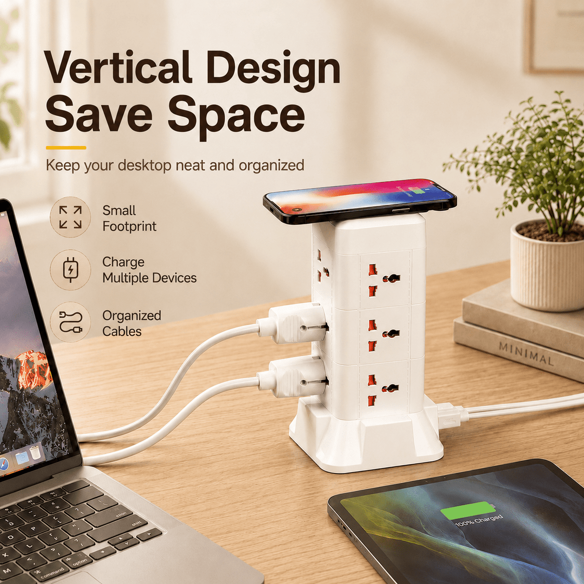 ICREOPRO Power Strips Tower with Wireless Charging and Night Light,9 AC outlets & 3 USB Port,6ft Cord