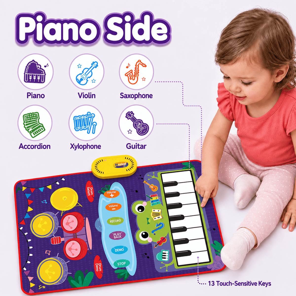 ICREOPRO 3-in-1 Toddler Musical Play Mat, Piano and Electronic Drum Toy with 13 Touch Keys, 6 Instrument Sounds and 2 Drumsticks, Birthday Christmas Gift for Girls and Boys Ages 18 Months-4 Years, Pu