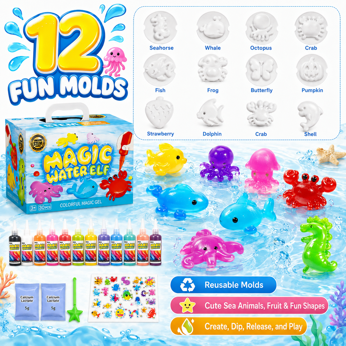 ICREOPRO Magic Gel Water Pets Toy Kit for Kids, 30-Piece Magic Water Elf DIY Craft Set with 12 Color Gels, 12 Reusable Molds and Activity Box, Birthday & Summer Gifts for Kids Ages 3+