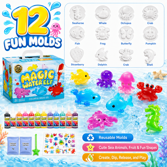 ICREOPRO Magic Gel Water Pets Toy Kit for Kids, 30-Piece Magic Water Elf DIY Craft Set with 12 Color Gels, 12 Reusable Molds and Activity Box, Birthday & Summer Gifts for Kids Ages 3+