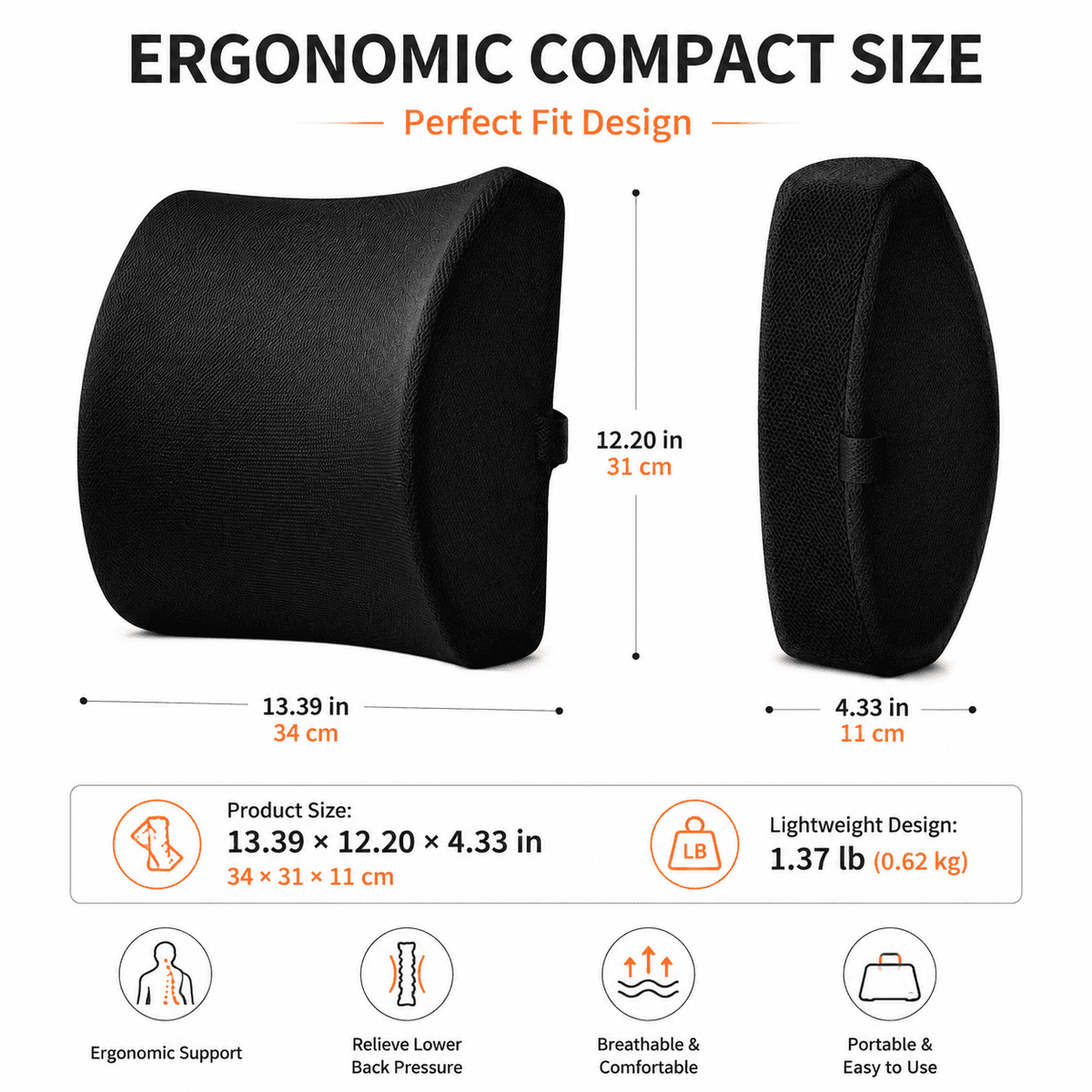 Icreopro Ergonomic Lumbar Support Pillow for Office Chairs, Car Seats and Home Seating, Memory Foam Back Cushion with Breathable 3D Mesh Cover, Black