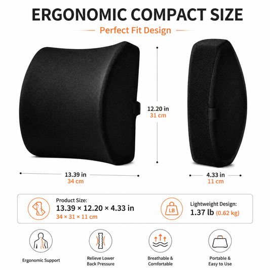 Icreopro Ergonomic Lumbar Support Pillow for Office Chairs, Car Seats and Home Seating, Memory Foam Back Cushion with Breathable 3D Mesh Cover, Black