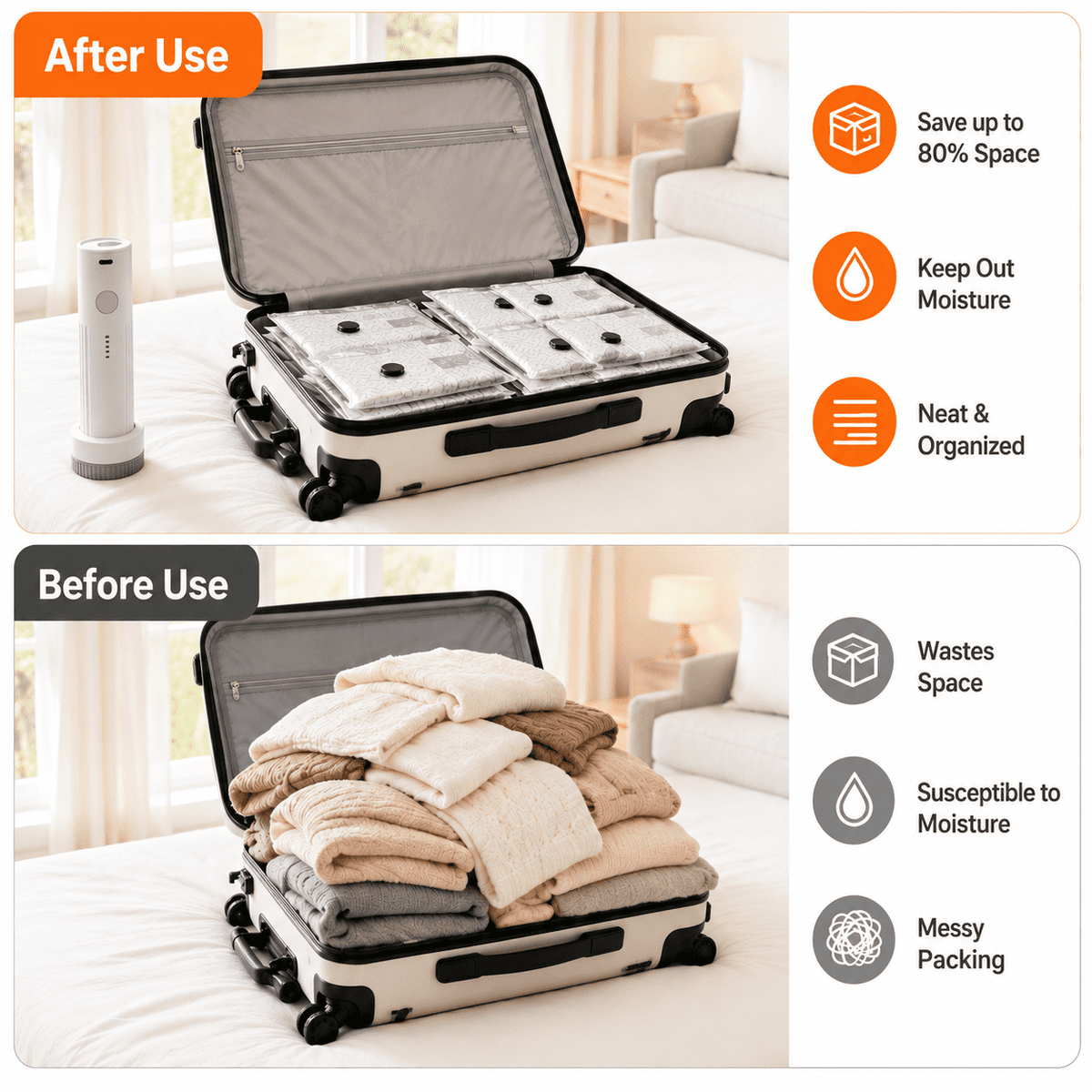 Icreopro Vacuum Storage Bags with Electric Air Pump, 15 Pack Compression Packing Bags in 3 Sizes, Space Saver Seal Bags for Clothing,Seal Bags for Travel