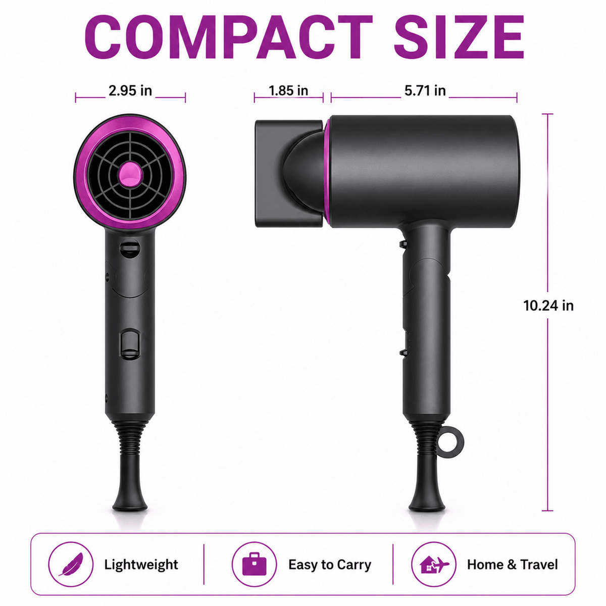 Icreopro Hair Dryer,Ionic Blow Dryer with Foldable Handle, Blue Light Constant Temperature Hair Care, Hot & Cool Settings, 2 Speed Modes, Concentrator & Diffuser Attachments, Black
