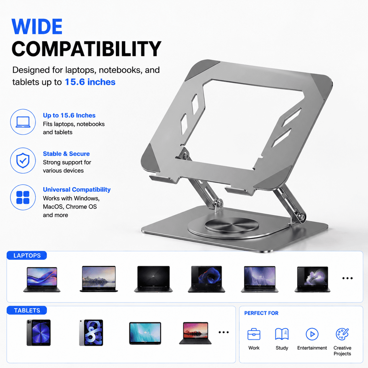 Icreopro Adjustable Laptop Stand for Desk, 360° Rotating Foldable Laptop Holder, Compatible with Laptops and Tablets up to 15.6",Gray