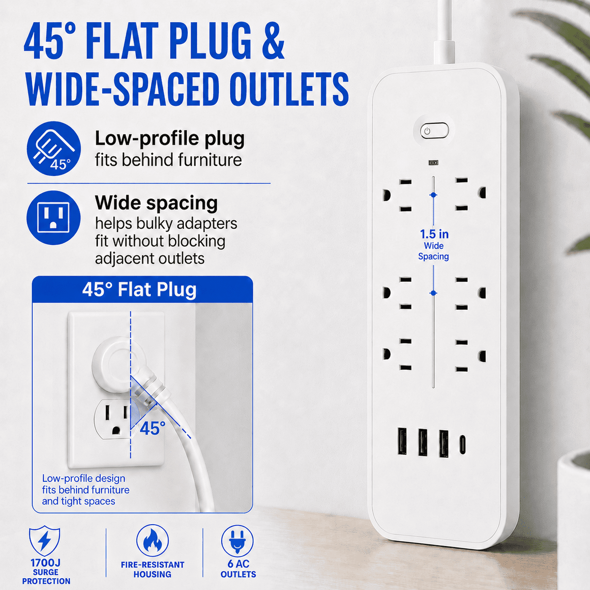 Icreopro Power Strip Surge Protector with 6 AC Outlets, 3 USB Ports & 1 USB-C, 4FT Extension Cord,White