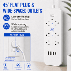 Icreopro Power Strip Surge Protector with 6 AC Outlets, 3 USB Ports & 1 USB-C, 4FT Extension Cord,White