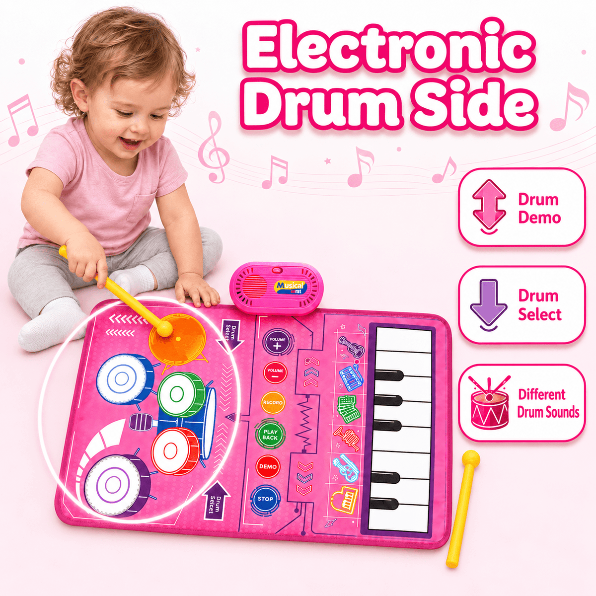 ICREOPRO 3-in-1 Toddler Musical Play Mat, Piano and Electronic Drum Toy with 13 Touch Keys, 6 Instrument Sounds and 2 Drumsticks, Birthday Christmas Gift for Girls and Boys Ages 18 Months-4 Years, Pi
