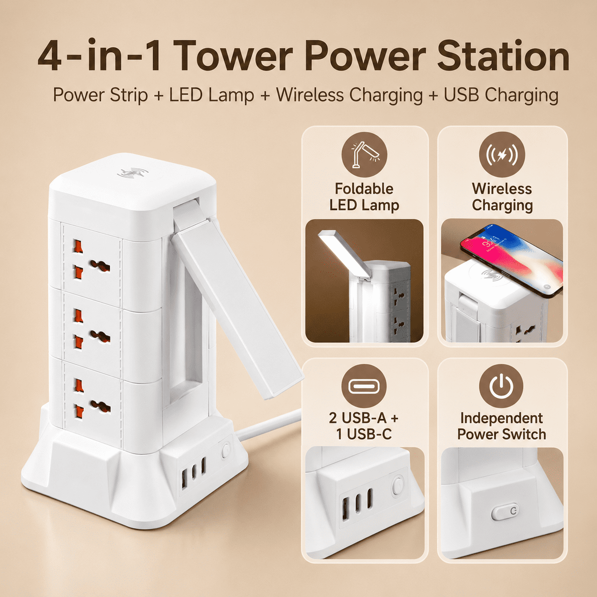 ICREOPRO Power Strips Tower with Wireless Charging and Night Light,9 AC outlets & 3 USB Port,6ft Cord