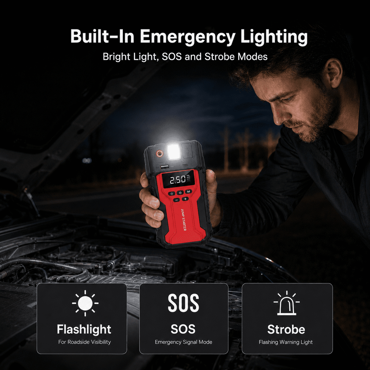 Icreopro Portable Car Battery Jump Starter with Air Compressor, 1800A Peak, 150 PSI Auto-Stop Tire Inflator, USB Power Bank, Red and Black
