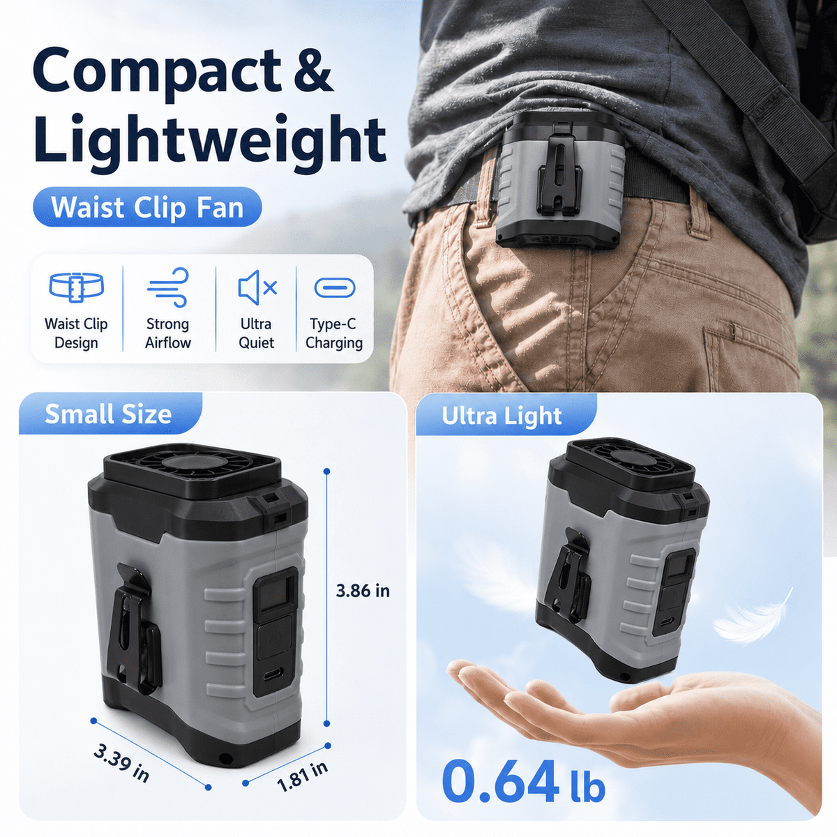 Icreopro Portable Waist Fan, 5-Speed Airflow Personal Cooling Fan with Belt Clip, Neck Lanyard, Digital Display, USB-C Rechargeable with Emergency Phone Charging, Gray