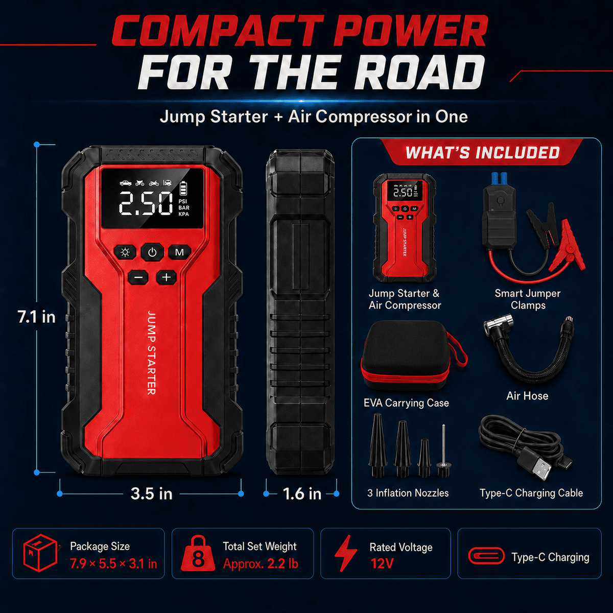Icreopro Portable Car Battery Jump Starter with Air Compressor, 1800A Peak, 150 PSI Auto-Stop Tire Inflator, USB Power Bank, Red and Black