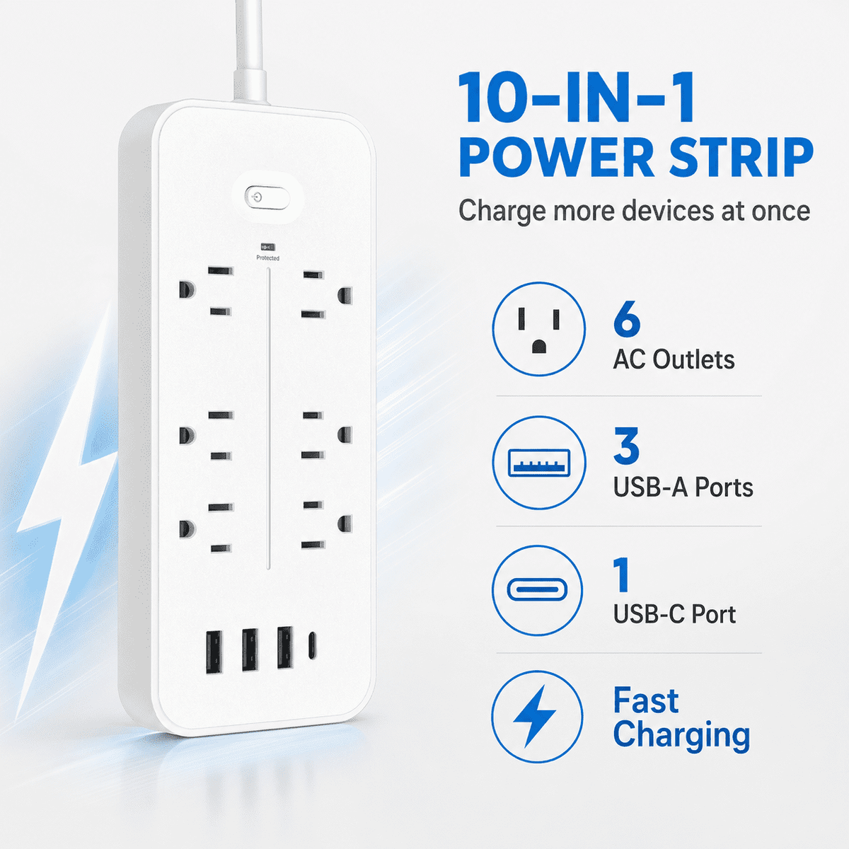 Icreopro Power Strip Surge Protector with 6 AC Outlets, 3 USB Ports & 1 USB-C, 4FT Extension Cord,White