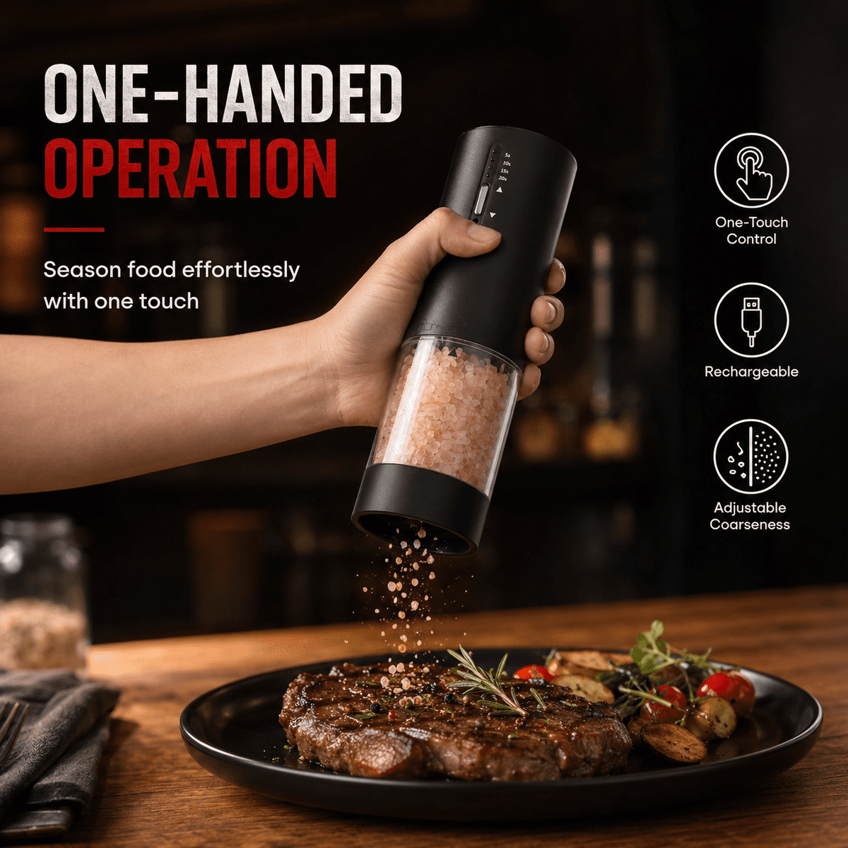 Icreopro Electric Salt and Pepper Mills Set, 2 Pack, Adjustable Coarseness, LED Light, Type-C Rechargeable, Black