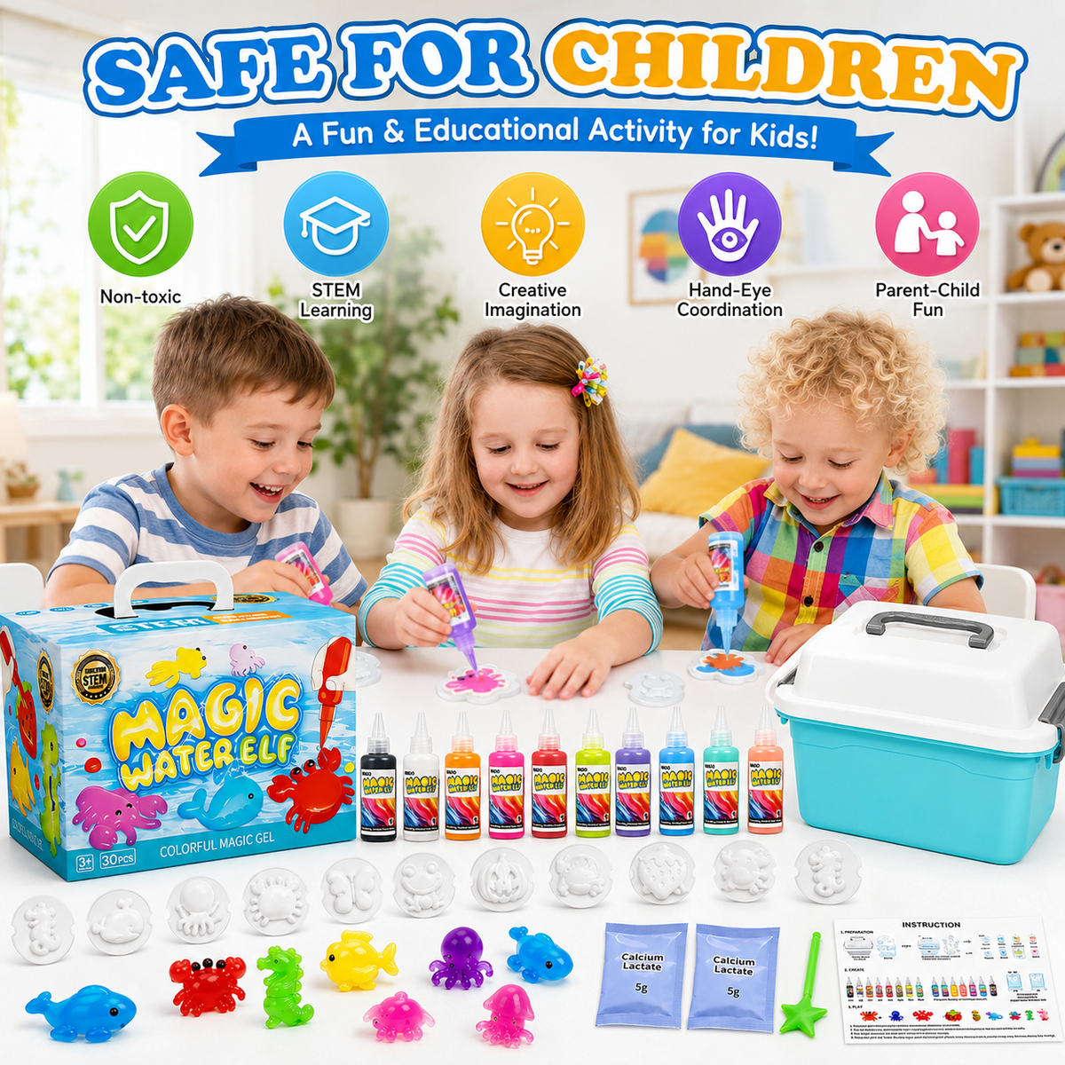 ICREOPRO Magic Gel Water Pets Toy Kit for Kids, 30-Piece Magic Water Elf DIY Craft Set with 12 Color Gels, 12 Reusable Molds and Activity Box, Birthday & Summer Gifts for Kids Ages 3+